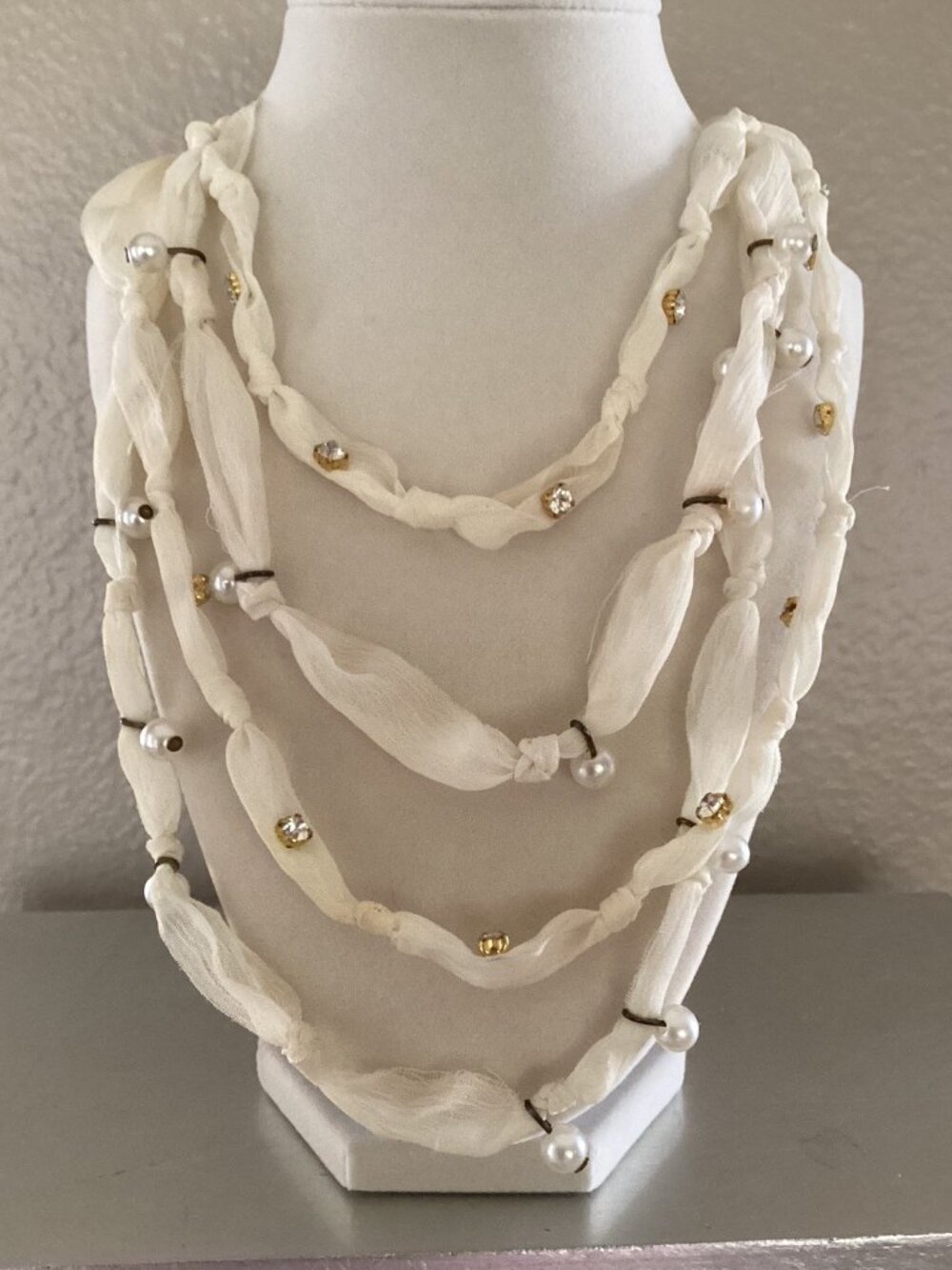 Cream, white, beaded necklace, 16 inches